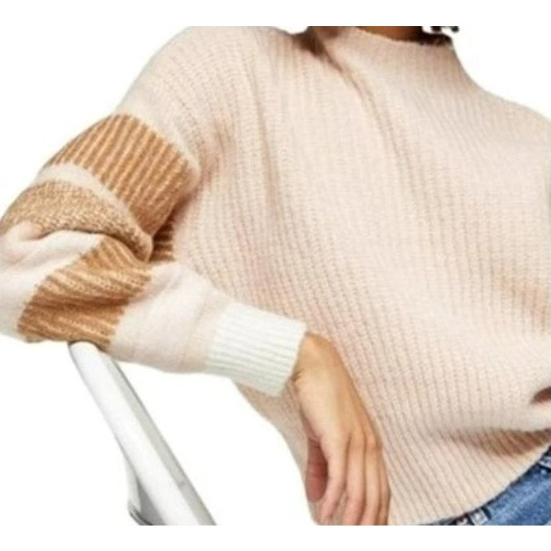 Topshop Womens Pullover Fuzzy Mock Knit Sweater Sz 4-6 Tan/Cream/Pink Stripe NWT