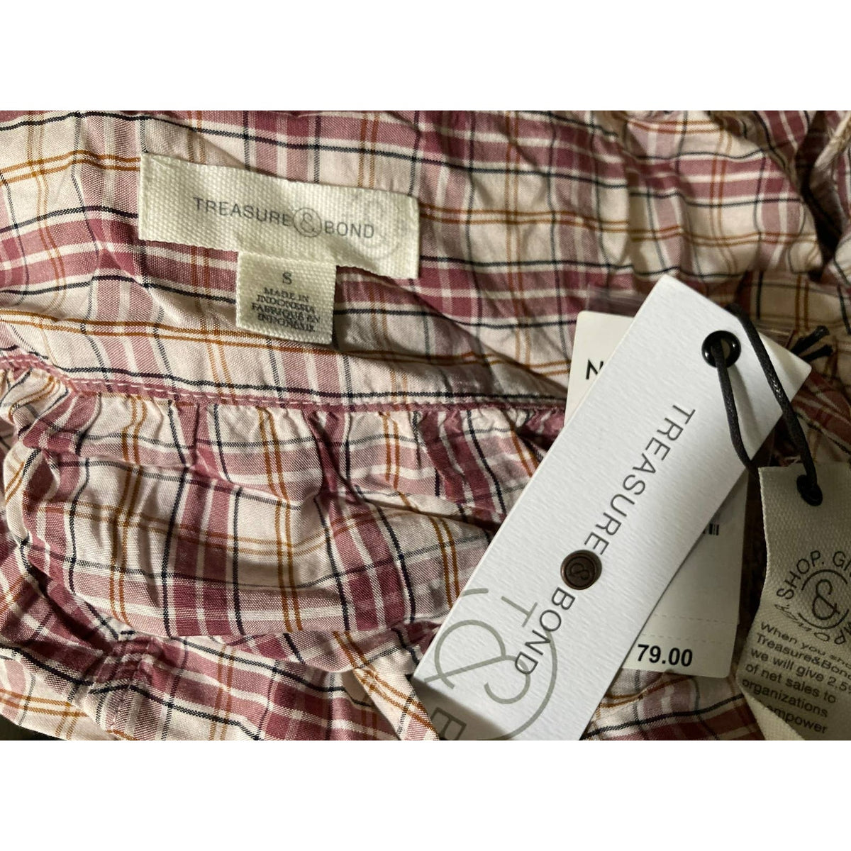 Treasure & Bond Shirred Wrap Top Small Pink Frosty Plaid NEW Surplice V-Neck