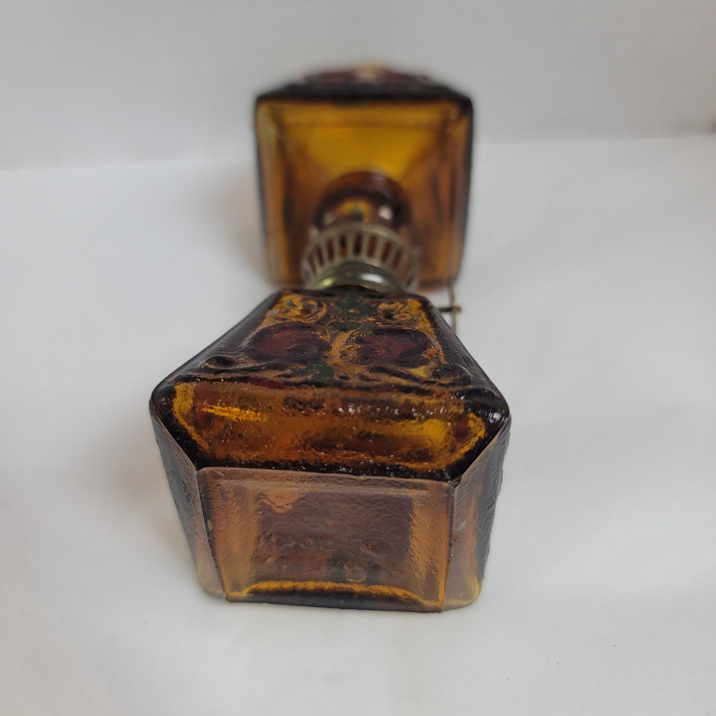 Vintage Miniature Oil Lamp  with globe 5" tall painted Amber Mini Hurricane
