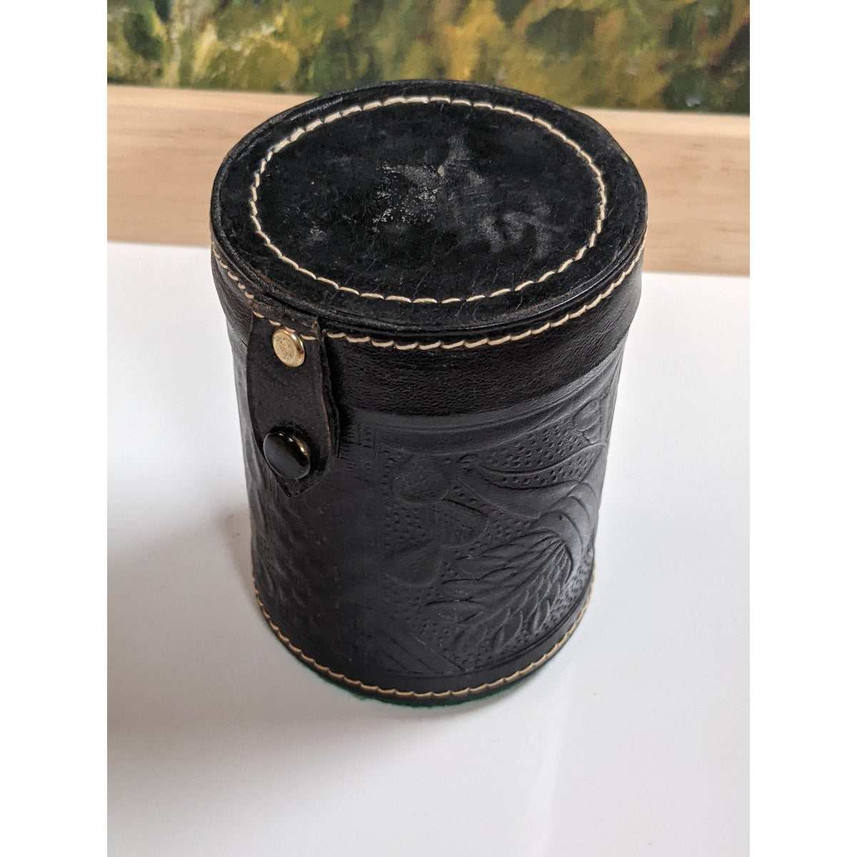 Vintage travel Game Dice Cup Leather Carved Brown Green Lining w Casino Die