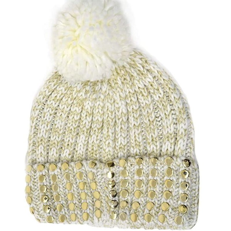 DKNY Flat-Stud Metallic Rib-Knit Beanie Hat PomPom White Gold Sparkles