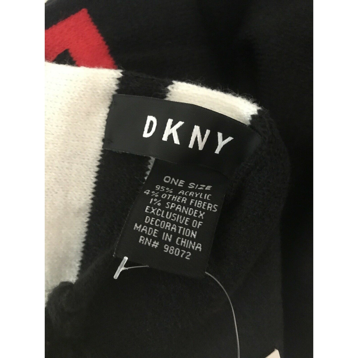 DKNY NEW Logo Stadium Scarf Tassel Fringe Black White Red Winter 68" x 8" WINTER