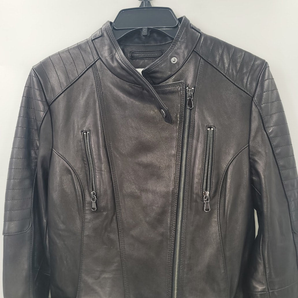 Cache Womens Large Leather Moto Jacket Coat Cheetah Print Lined Full Zip black