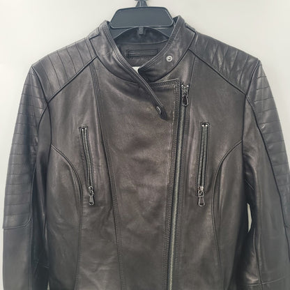 Cache Womens Large Leather Moto Jacket Coat Cheetah Print Lined Full Zip black