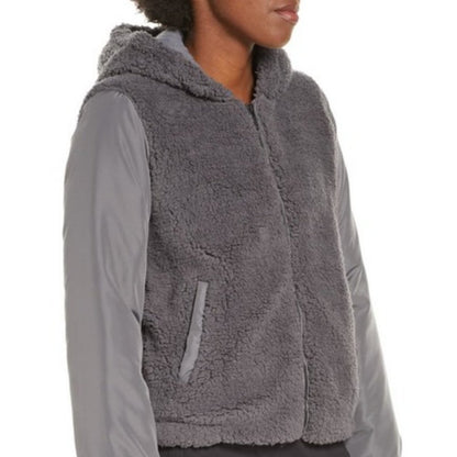 Zella Faux Shearling Bomber Jacket Front Zip Fixed Hood Long Sleeves Grey Large