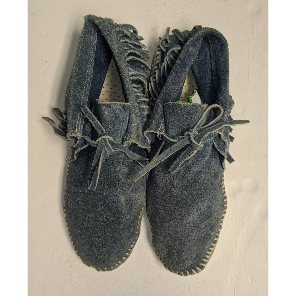 Vintage 80s Blue Suede Leather Fringe Moccasin Booties Soft Shoes  Size 8