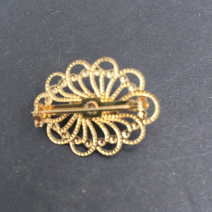 Vintage Golden Brooch  Spiral Oval Faux Pearl Center Filigree Pin