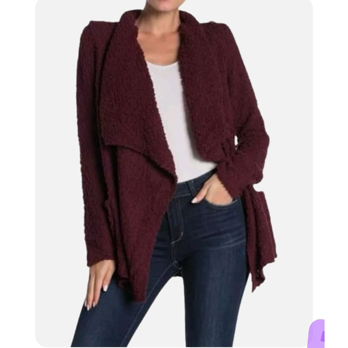 Bobeau Wine Burgundy Boucle Popcorn Draped Button Cardigan Sweater