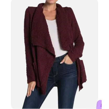 Bobeau Wine Burgundy Boucle Popcorn Draped Button Cardigan Sweater