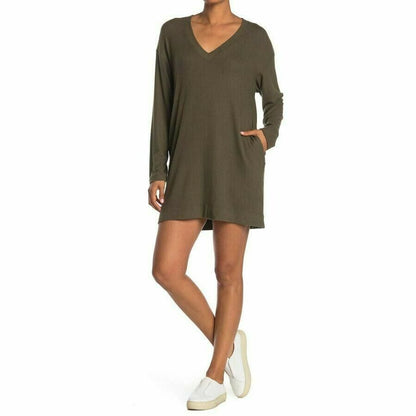 Socialite Women's Sweater Mini Dress Small Dark Olive Green NEW Double V-Neck
