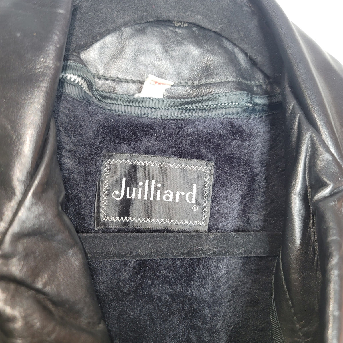 Juilliard Leather Vintage 1970 Lg. Lapel black white stitching Sz 38 Coat Jacket