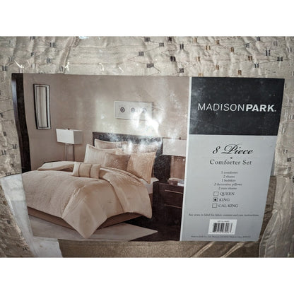 Madison Park Camelia 8 Pieces King Comforter Set Faux Silk Neutral Brown NEW