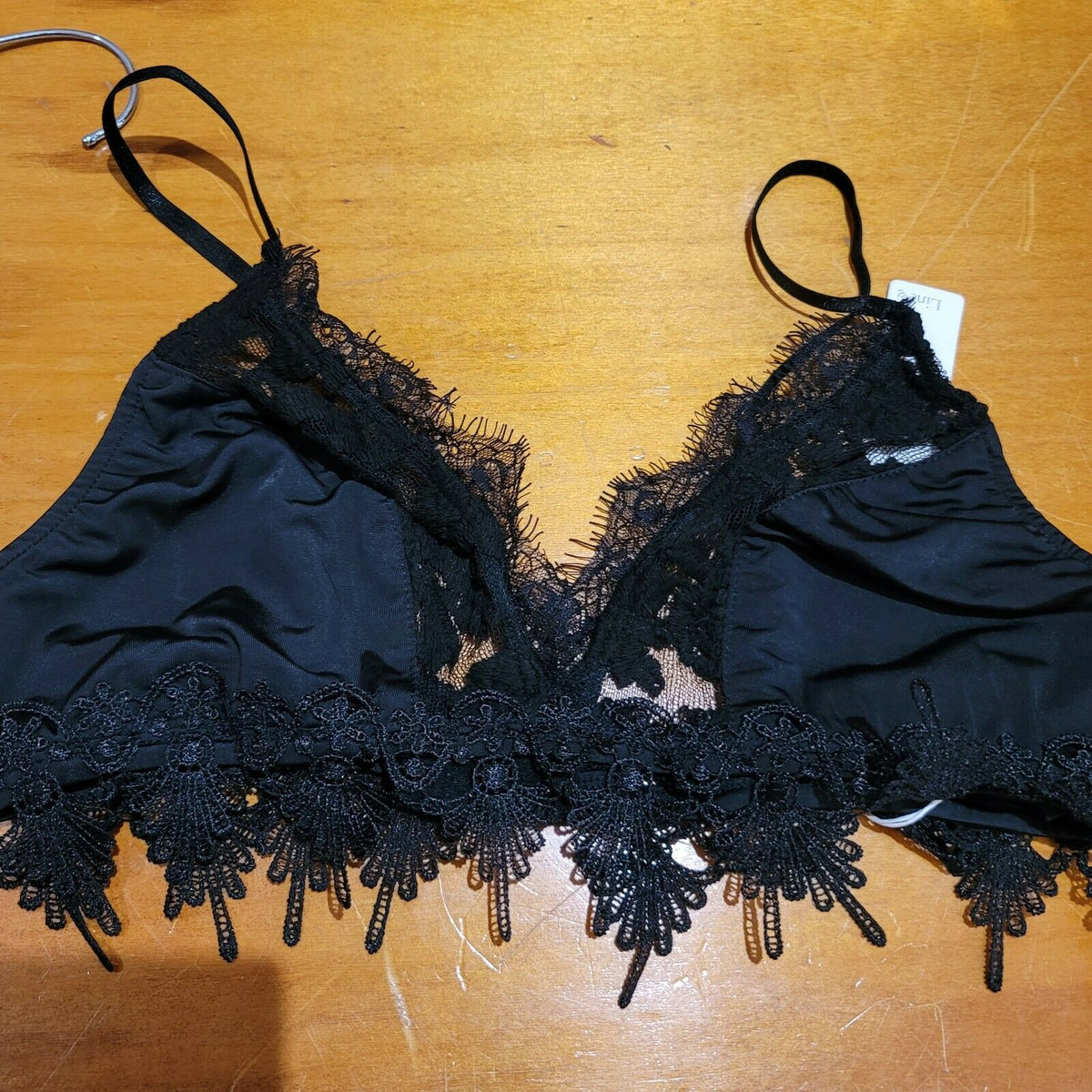 Dollskill Line & Dot Francoise Triangle Bralette Bra Crochet Lace Black Large