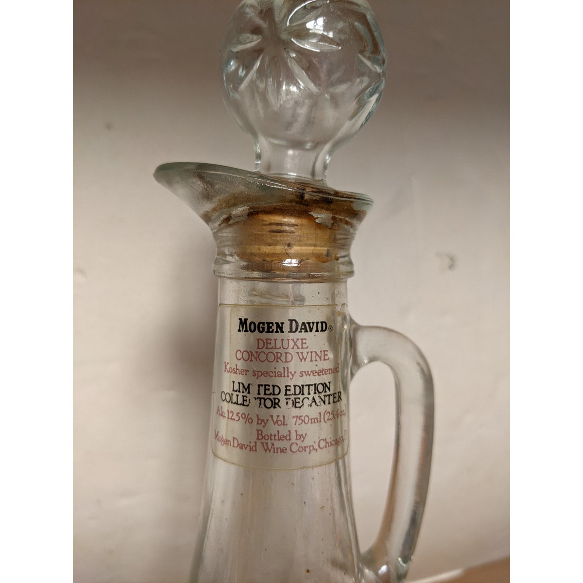 Vintage Mogen Wine Decanter Clear Pressed Glass with Stopper Label Attached