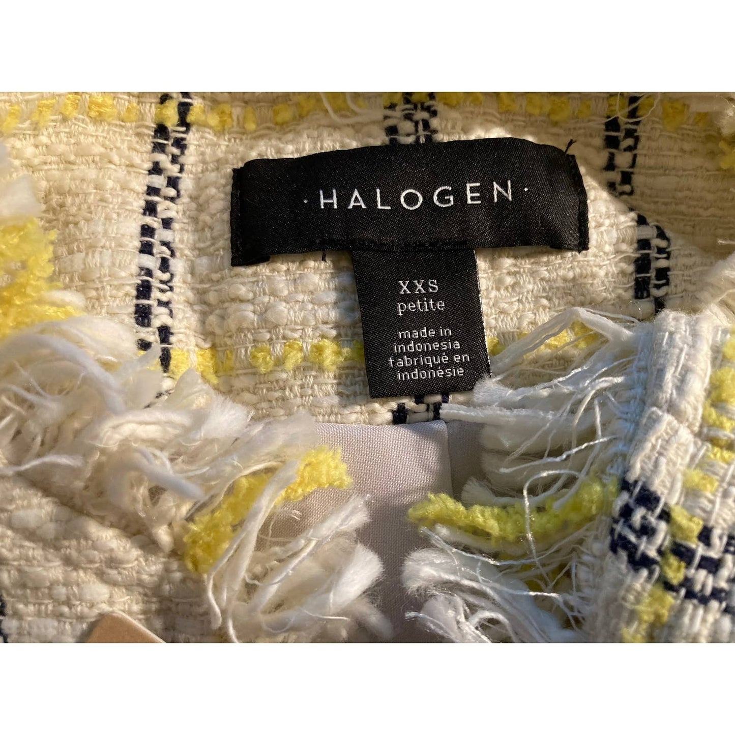 Halogen Estelle Tweed Fringe Plaid Jacket XXSP / 2XS Petite in Ivory Navy NWT