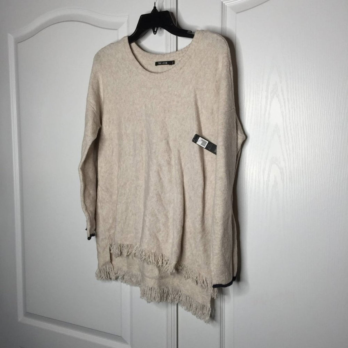 Nic+zoe East Fringe Hem Long Sleeves Pullover Sweater Neutral Petite Medium NEW