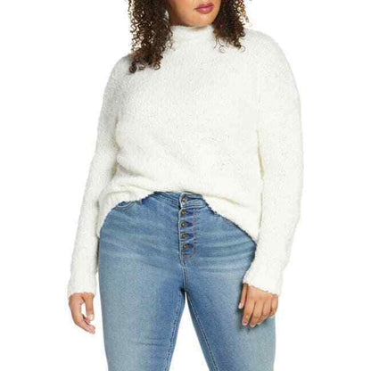 BP Funnel Neck Bouclé Sweater Pullover Mock Neck Long Sleeve Ivory Size XXS