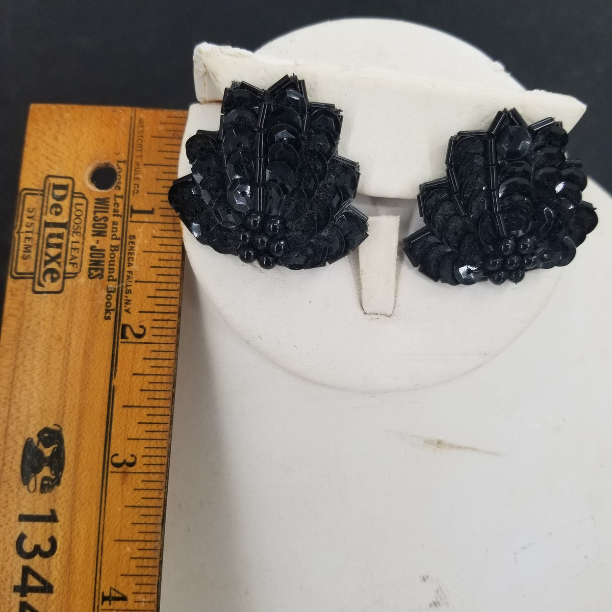 Vintage Black Fabric Sequins Beaded Post Earrings Costume Jewelry