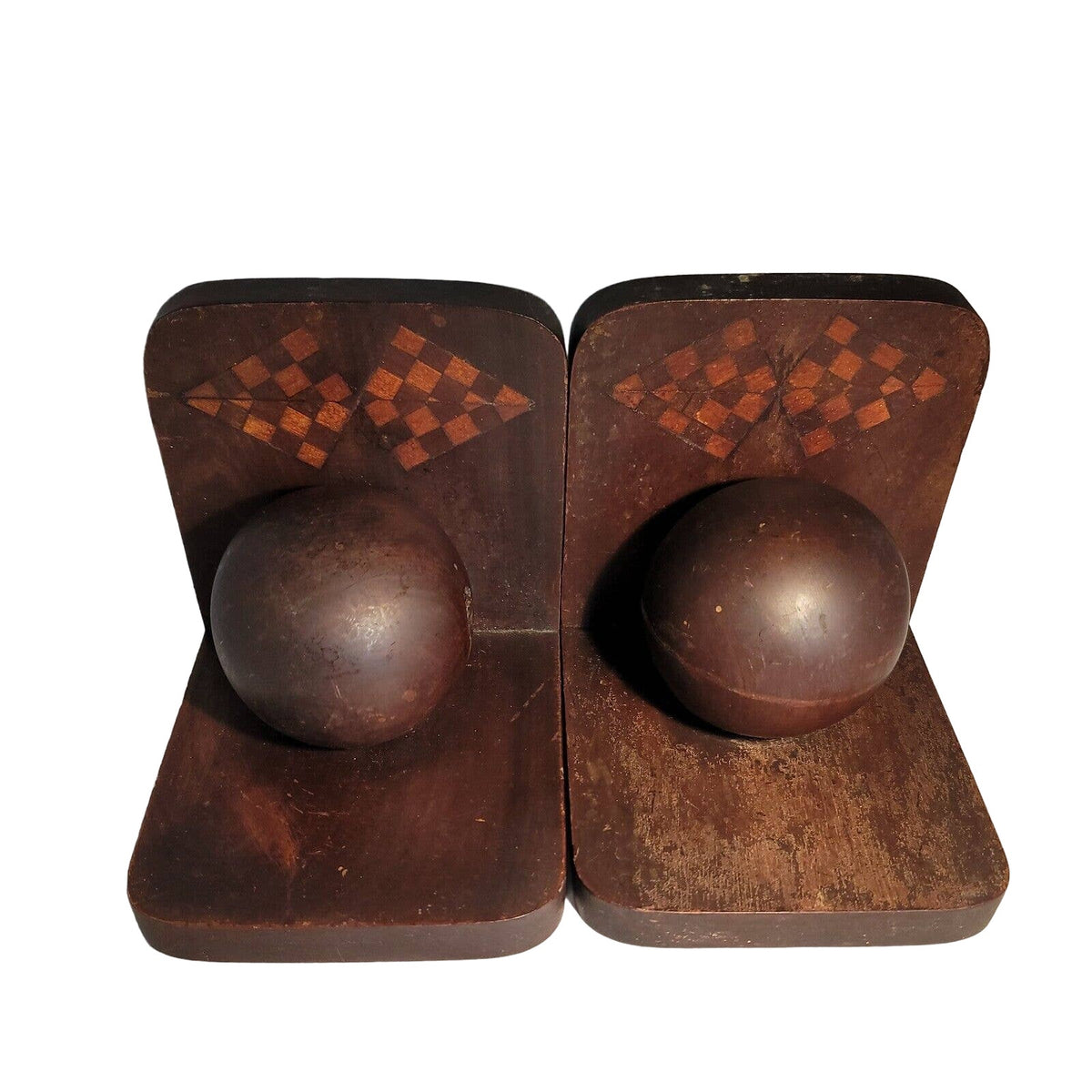 Vintage Pair Carved Wood Sphere Balls Orb BookEnds Walnut checkerboard Inlay MCM