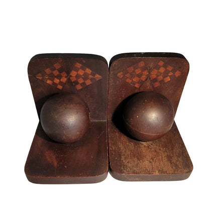 Vintage Pair Carved Wood Sphere Balls Orb BookEnds Walnut checkerboard Inlay MCM
