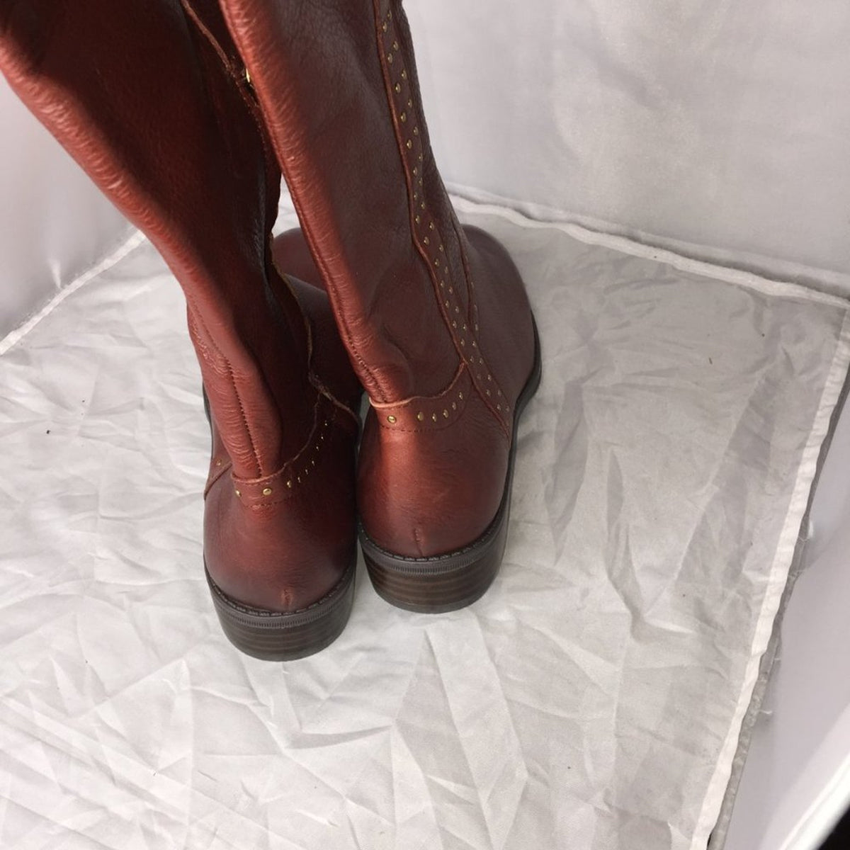 Sam Edelman Pull-On Prina Riding Boot Round Toe Side Zip Leather 7M Brass Detail