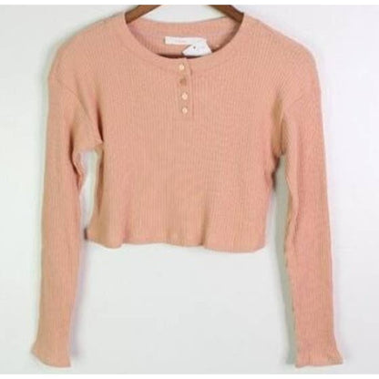 Lush Crop Top Small Cafe Creme/Peach NEW Rib Knit Buttoned Henley Long Sleeves