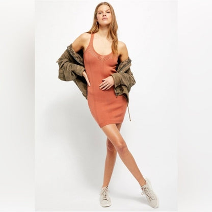 Free People Knockout Swit Slip on Medium Sun Blossom Mini Dress NEW kNIT Orange
