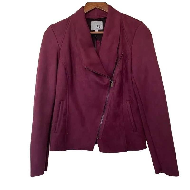 KUT Karina Moto Zip Front Draped Faux Suede Jacket Sz Extra Small in Wine NWT
