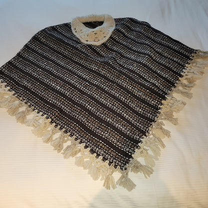 Handmade heavy poncho fringe wood button Winter One Size Multicolor Wool Cotton
