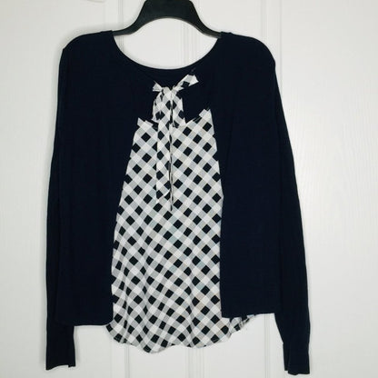 Crown & Ivy Hi-Low Blouse Top Long Sleeve Scoop Neck Tie Black check blue small