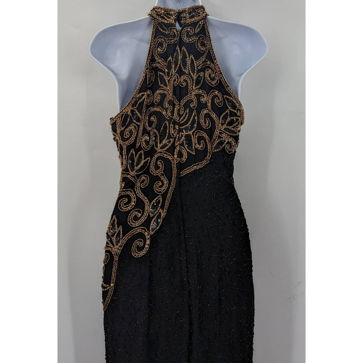 Michael Angelo Beaded Dress Black Gold Silk Sequin Gown Halter Sleeveless Small