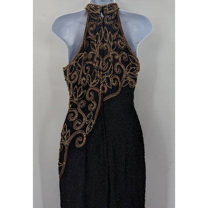 Michael Angelo Beaded Dress Black Gold Silk Sequin Gown Halter Sleeveless Small