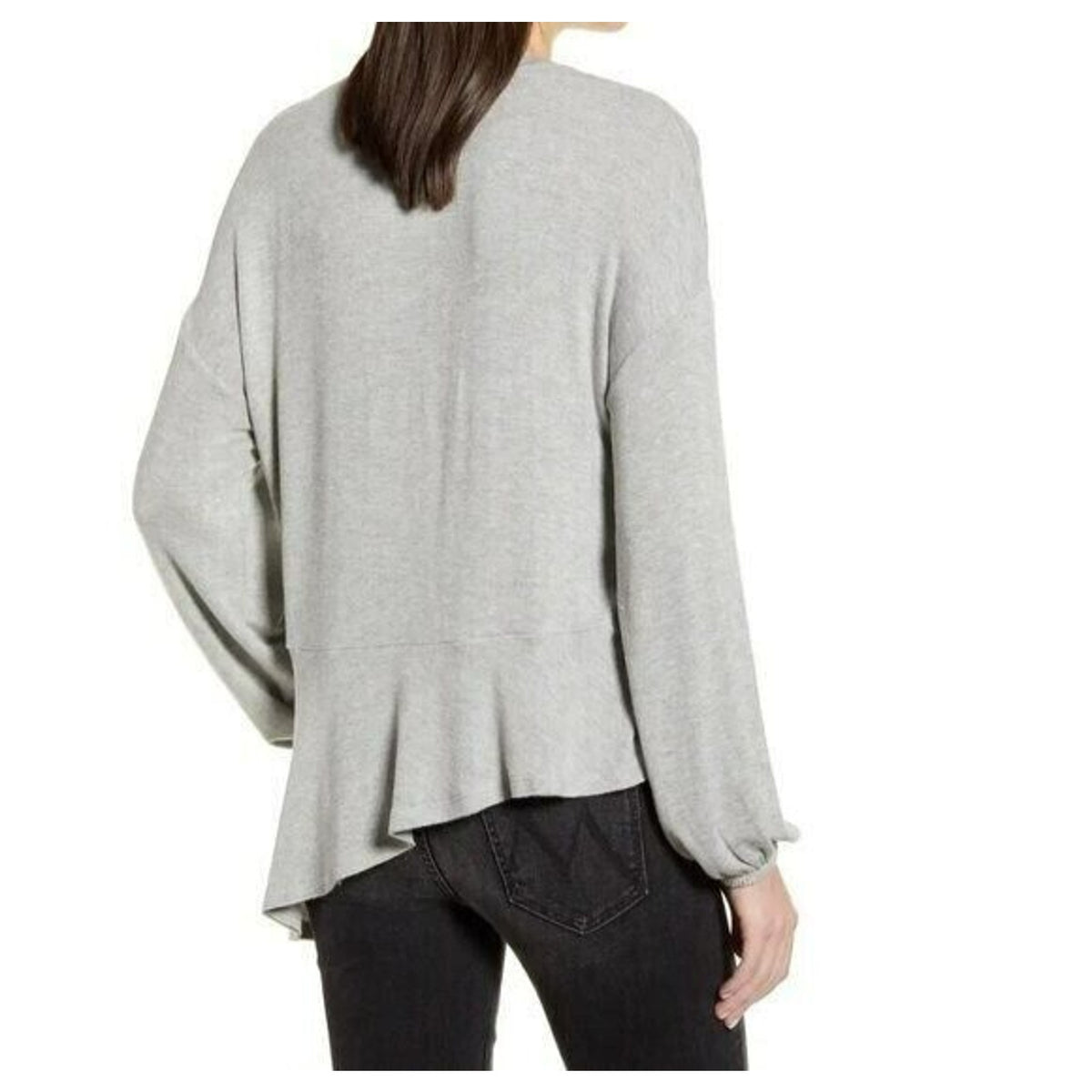 Chelsea28 Asymmetrical Ruffle Hem Boho Top Sz Large Gray NWT Balloon Sleeve SOFT