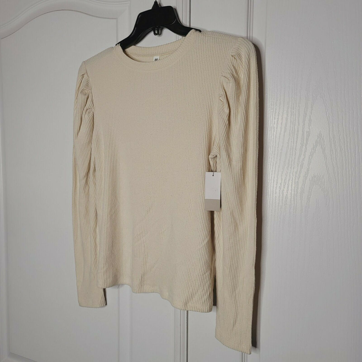 BP. Cozy Puff Sleeve Top Ribbed Long Sleeve Shirt Crew Neck Ivory X-Large NWT