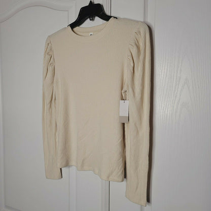 BP. Cozy Puff Sleeve Top Ribbed Long Sleeve Shirt Crew Neck Ivory X-Large NWT