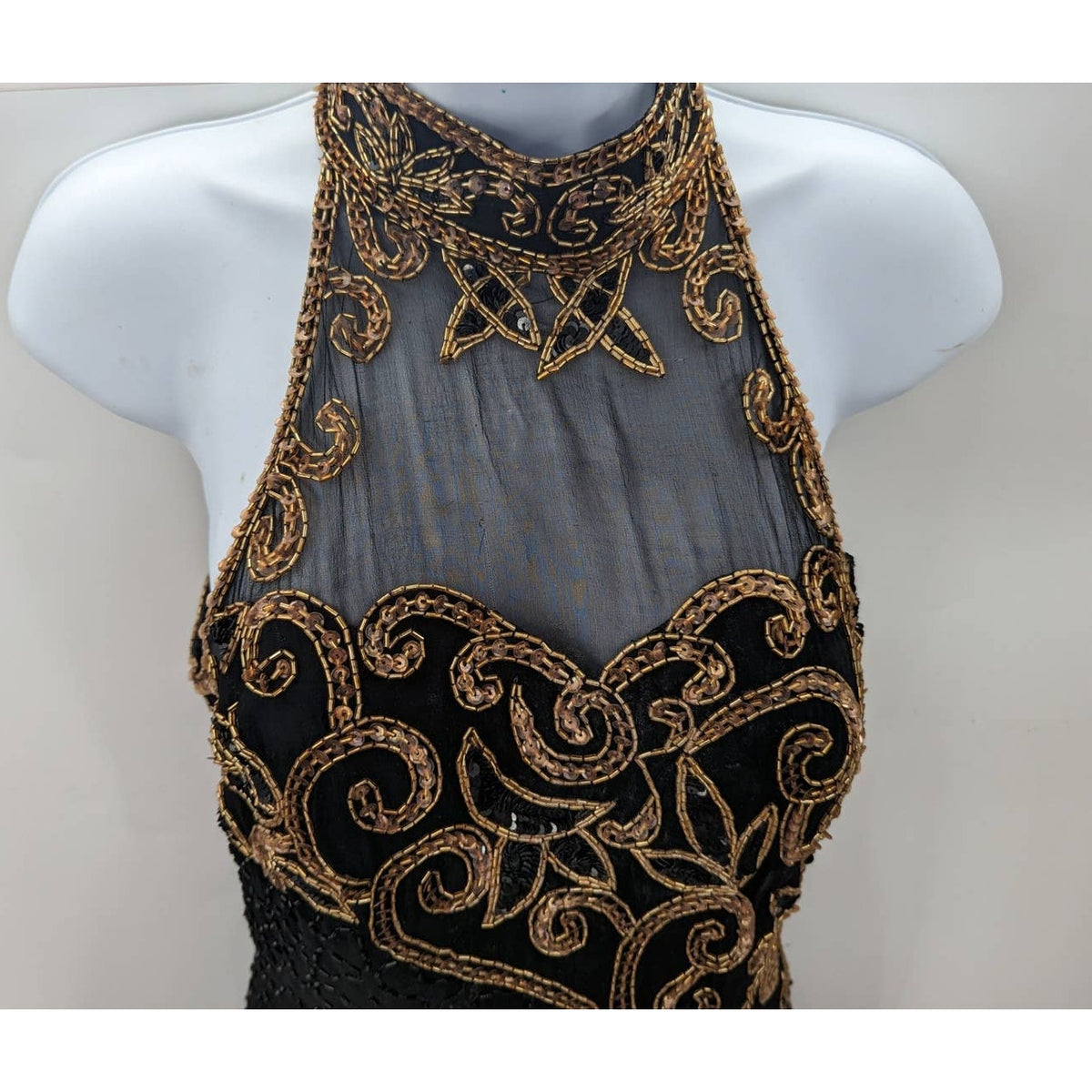 Michael Angelo Beaded Dress Black Gold Silk Sequin Gown Halter Sleeveless Small