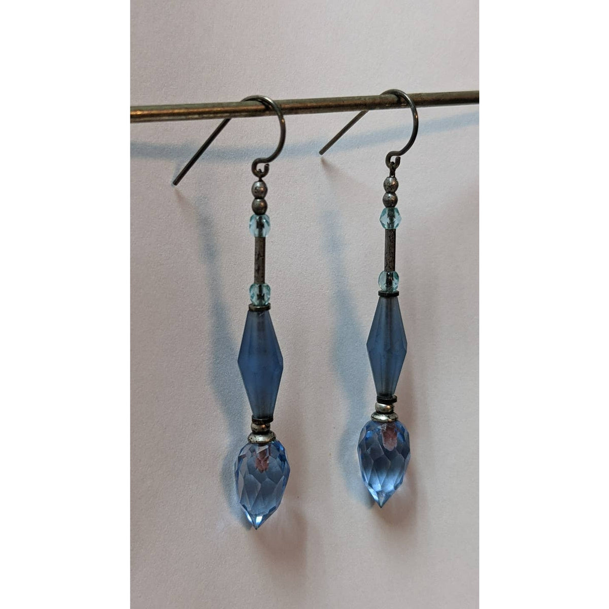Vintage Handmade Blue Glass Crystal Beaded Earrings Dangle Drop Silver Tone