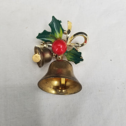 Vintage Christmas Bells Holly Brooch Enamel Metal Pin Working Jingle