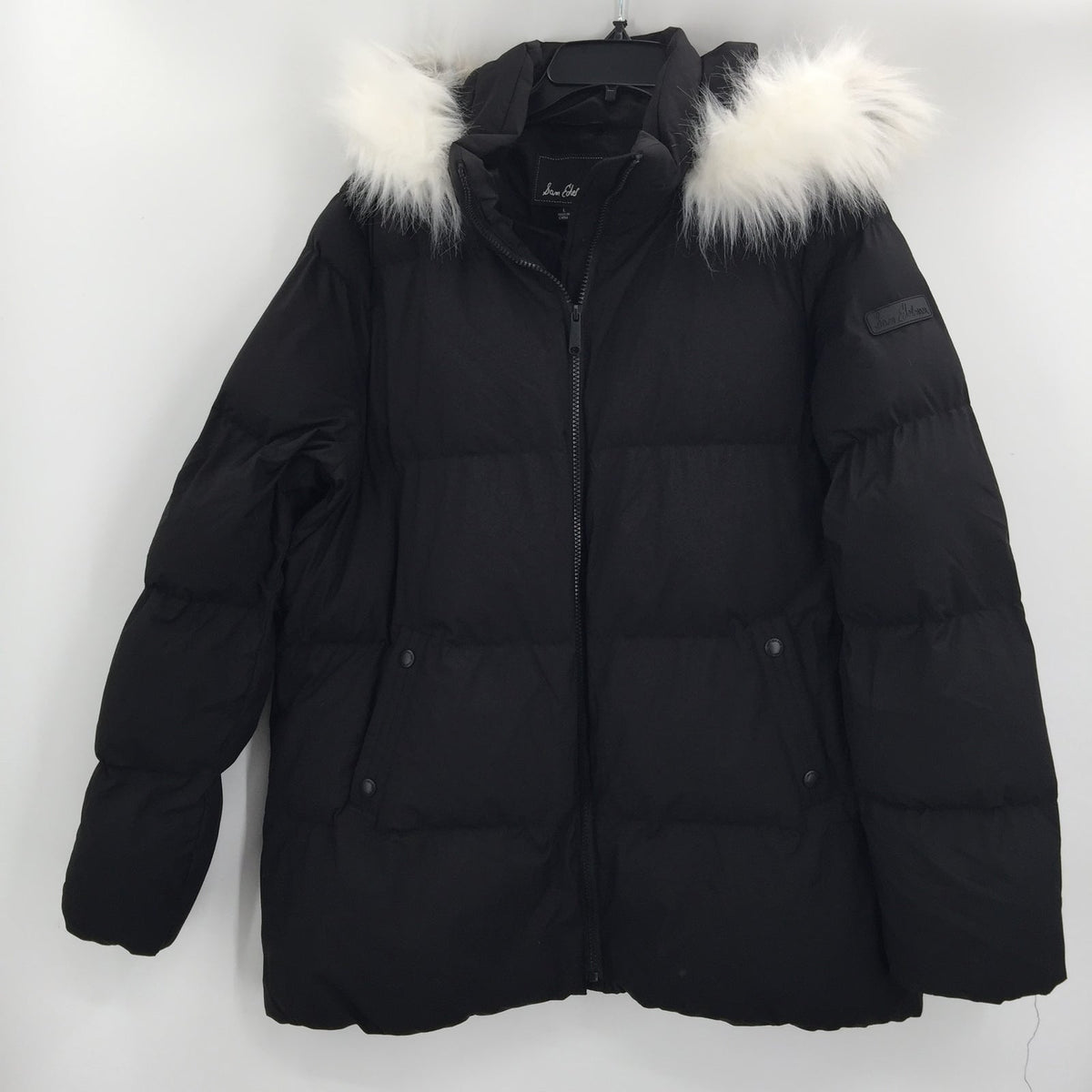 Sam Edelman Faux Fur Trim Hooded Puffer Coat Jacket Long Sleeve Black Size Large