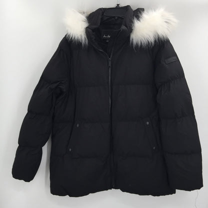 Sam Edelman Faux Fur Trim Hooded Puffer Coat Jacket Long Sleeve Black Size Large
