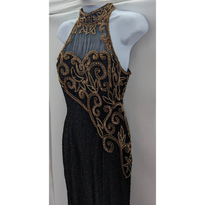 Michael Angelo Beaded Dress Black Gold Silk Sequin Gown Halter Sleeveless Small