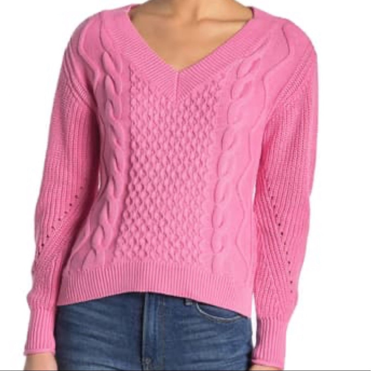 Abound NWT Pink Cable Knit V-Neck Sweater Size Small Winter Cozy Layering
