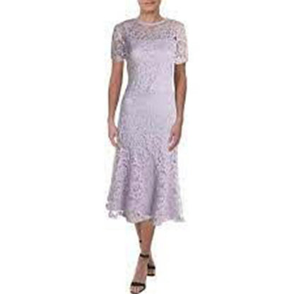 Few Moda Lace Flounce Fit Flare Dress LINED V-Neck Lavender Purple MED NEW Lilac
