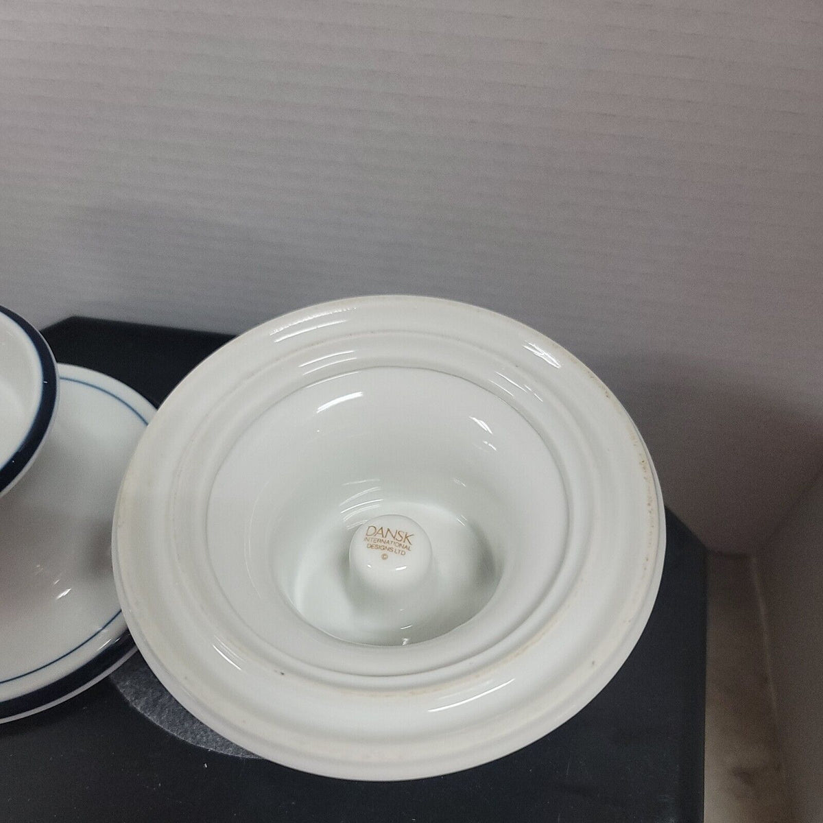 Dansk PAIR ceramic candleholders candle pillar or taper 6" White blue stripe
