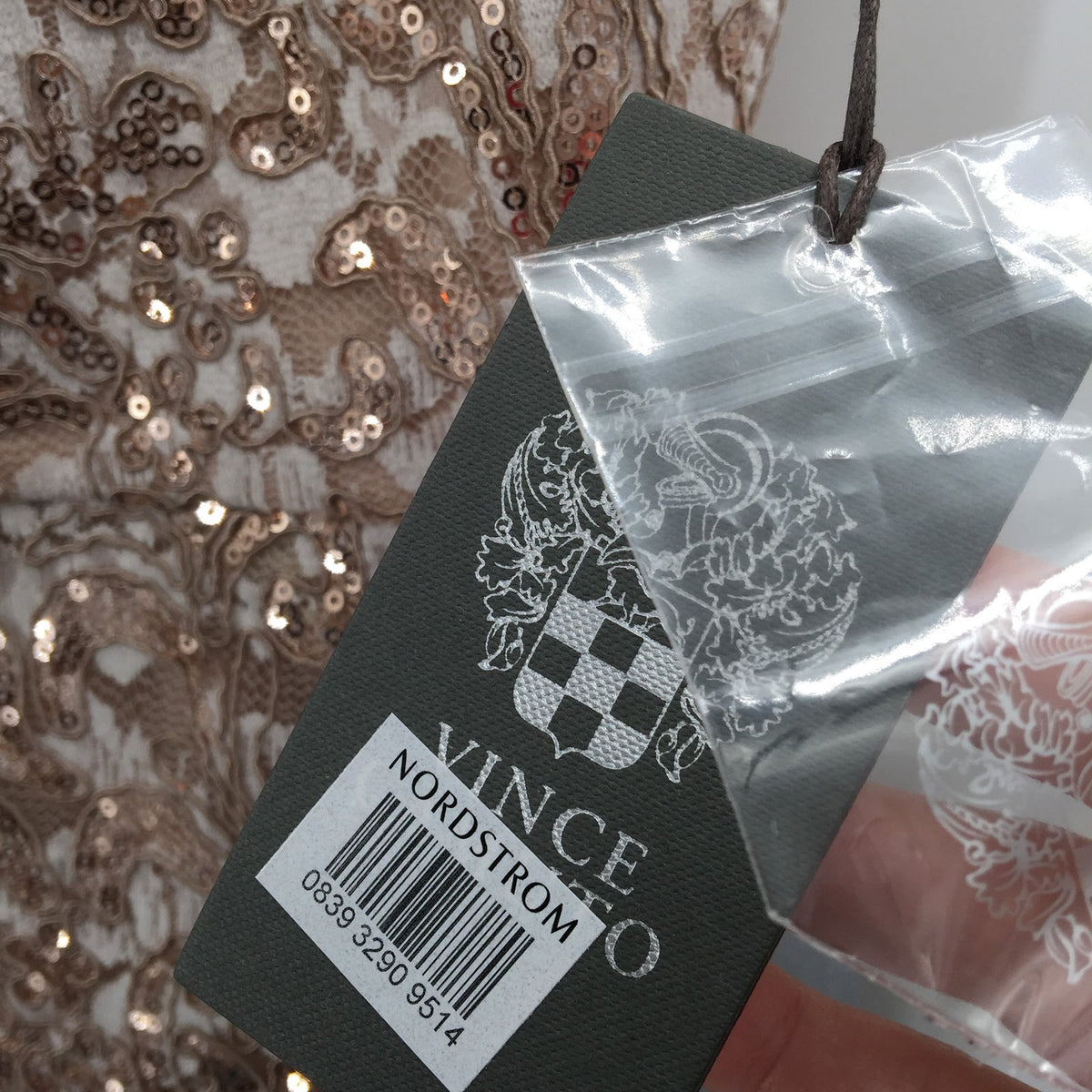 Vince Camuto Sequin Off The Shoulder Sheath Cocktail Dress Back Zip Sand Size 8