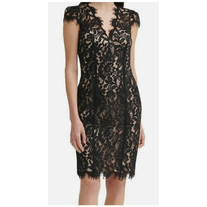 Eliza J Bodycon V Neck Cap Sleeve Cocktail Dress in Black/Ivory Size 6 NWT