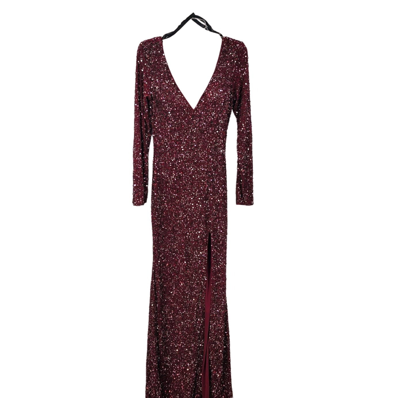 Mac Duggal Sequin Maxi Gown Dress Front slit long sleeve Evening Wine Back Zip