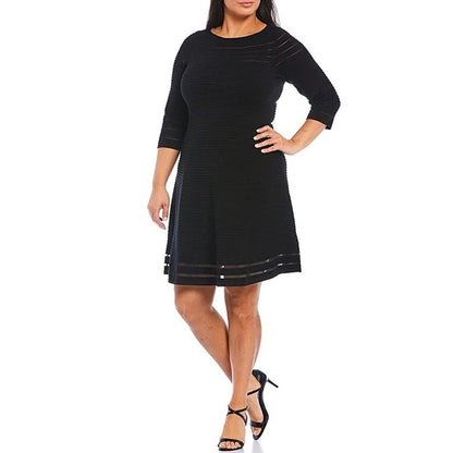 Eliza J Black Fit Flare Illusion Casual Dress Long Sleeve Ribbed Size Medium