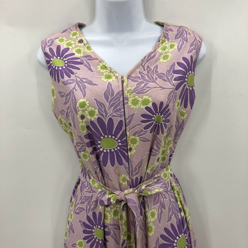 Vintage purple yellow floral Pantsuit Sleeveless Belted Polyester Funky 1960s
