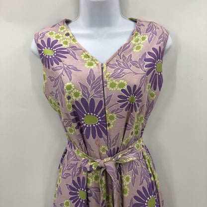 Vintage purple yellow floral Pantsuit Sleeveless Belted Polyester Funky 1960s